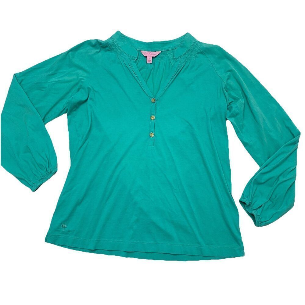 Lilly Pulitzer Pima Cotton Long Sleeve V-Neck Green Blouse Shirt Women's Small
